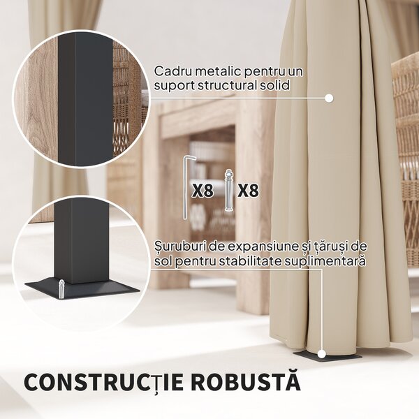 Outsunny Pergola 3 x 3(m) cu acoperis copertina retractabila si perdele, Foisor de exterior cu cadru metalic pentru gradina, Adapost de soare