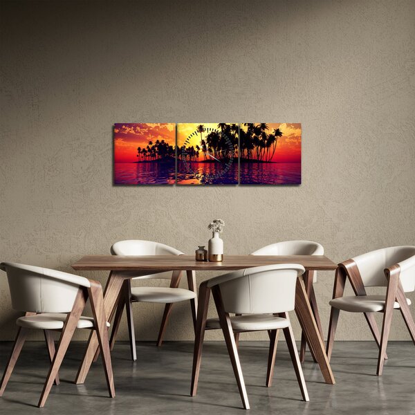 Tablou insulă în apus de soare (cu ceas) (90x30 cm)