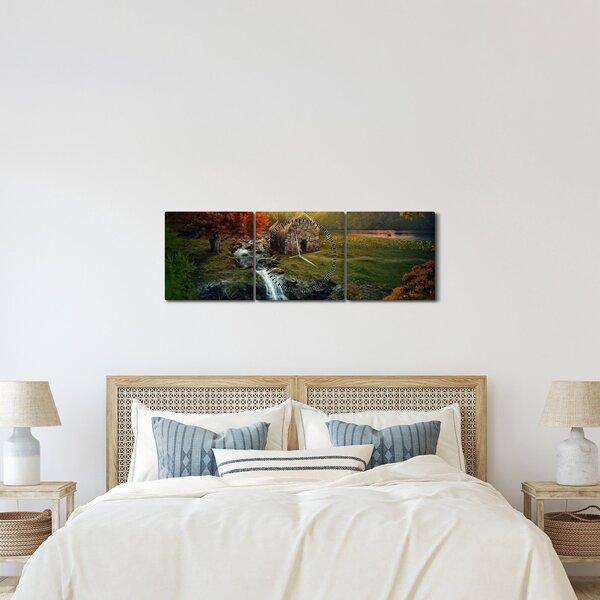 Tablou cu căbănuță în peisaj de poveste (cu ceas) (90x30 cm)