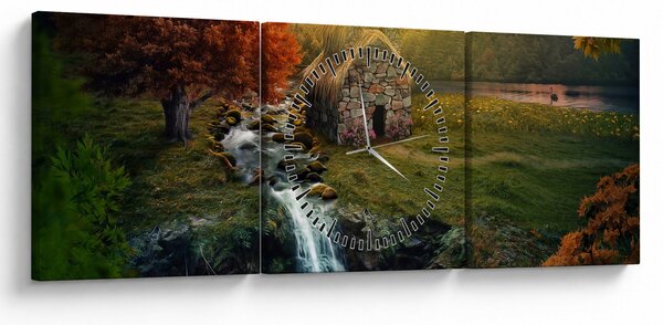 Tablou cu căbănuță în peisaj de poveste (cu ceas) (90x30 cm)