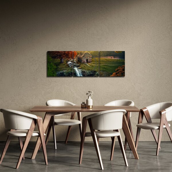 Tablou cu căbănuță în peisaj de poveste (cu ceas) (90x30 cm)