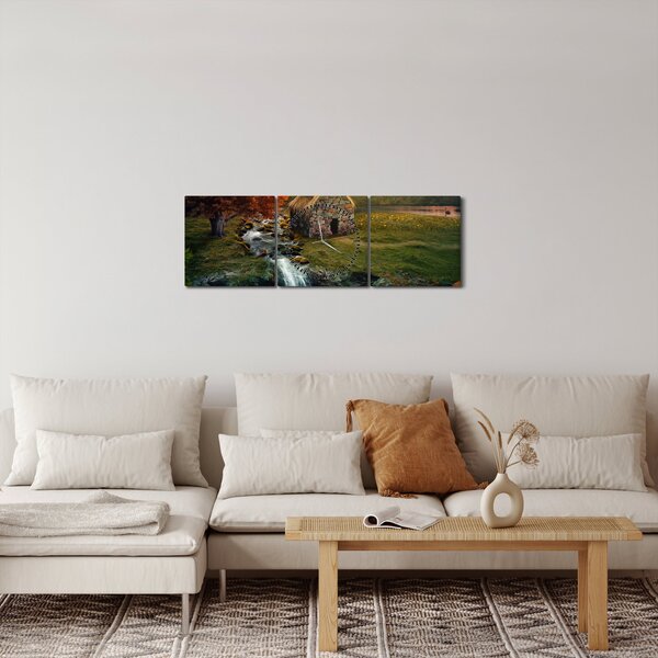 Tablou cu căbănuță în peisaj de poveste (cu ceas) (90x30 cm)