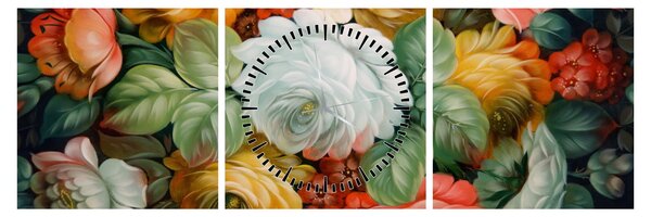 Tablou cu buchet pictat de flori (cu ceas) (90x30 cm)