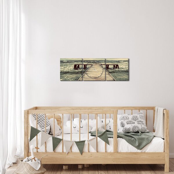 Tablou cu dig din lemn la mare (cu ceas) (90x30 cm)