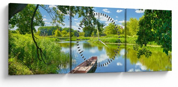 Tablou cu râu de vară și barcă (cu ceas) (90x30 cm)