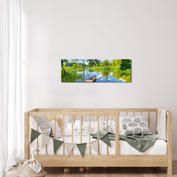 Tablou cu râu de vară și barcă (cu ceas) (90x30 cm)
