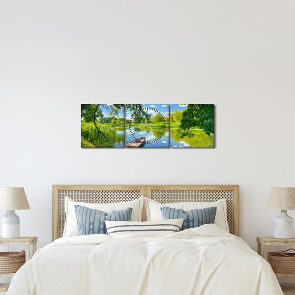 Tablou cu râu de vară și barcă (cu ceas) (90x30 cm)