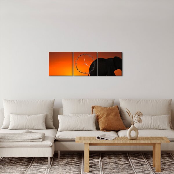 Tablou cu elefant în apus de soare (cu ceas) (90x30 cm)