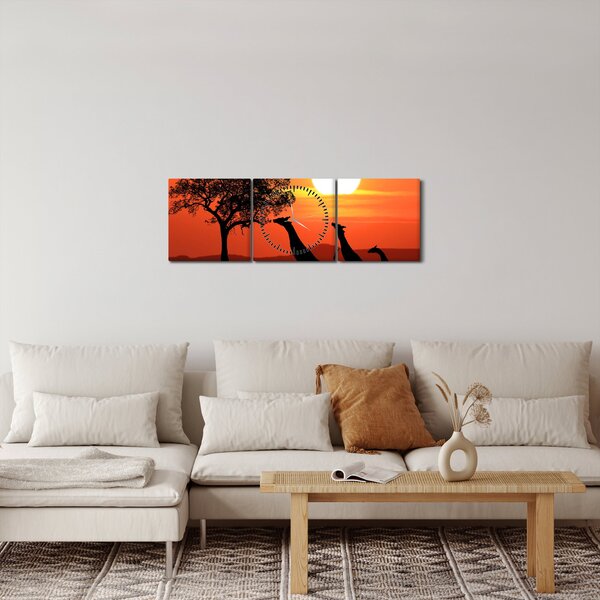 Tablou cu girafe în apus de soare (cu ceas) (90x30 cm)