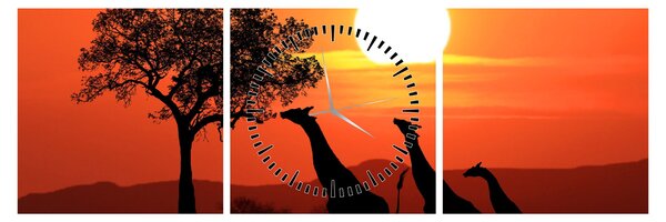 Tablou cu girafe în apus de soare (cu ceas) (90x30 cm)