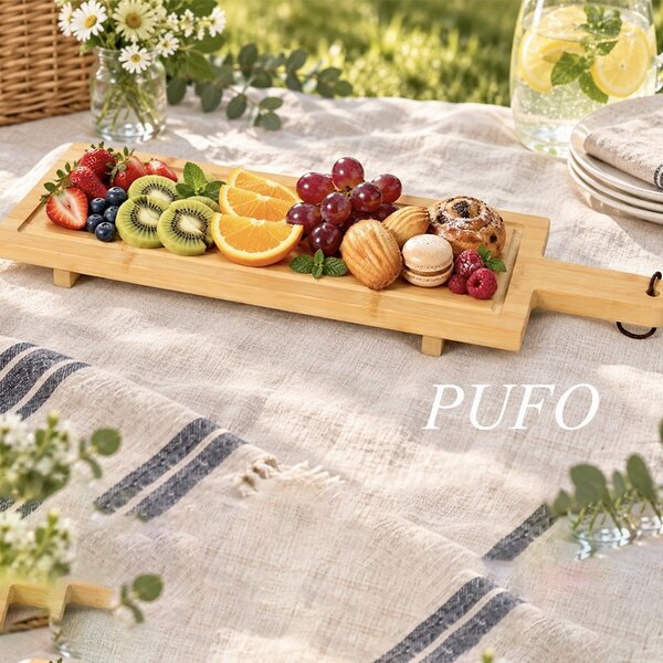 Platou de servire din bambus cu maner – tocator decorativ pentru branzeturi, aperitive, gustari si servirea mesei, 58 x 19 cm