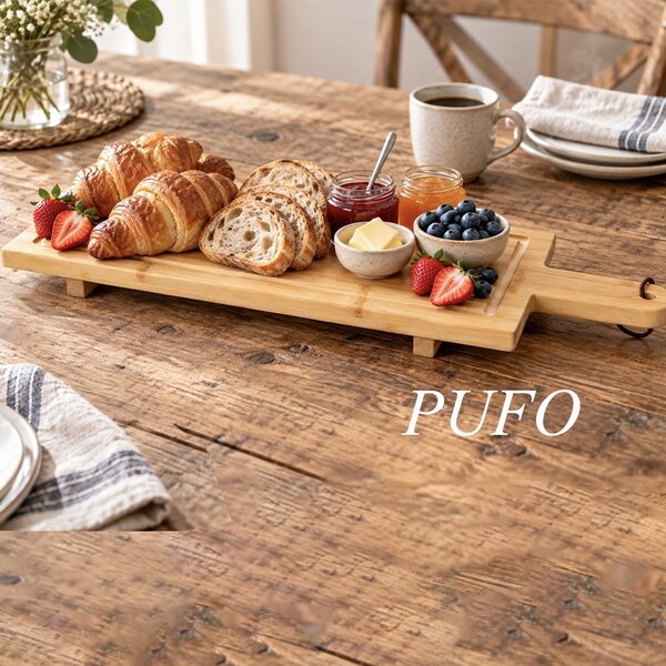 Platou de servire din bambus cu maner – tocator decorativ pentru branzeturi, aperitive, gustari si servirea mesei, 58 x 19 cm