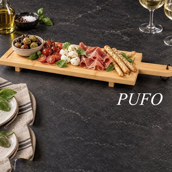 Platou de servire din bambus cu maner – tocator decorativ pentru branzeturi, aperitive, gustari si servirea mesei, 58 x 19 cm