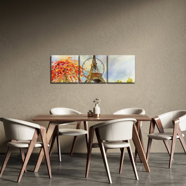 Tablou pictat cu turnul Eiffel (cu ceas) (90x30 cm)