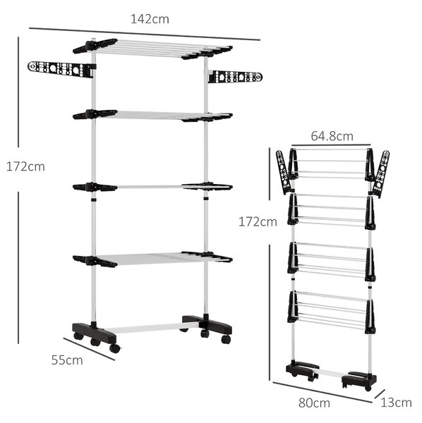 HOMCOM Uscător de Rufe Pliabil, Uscător Tip Turn cu 6 Roți, Cârlige și 4 Rafturi Reglabile, 142x55x172 cm, Argintiu | Aosom Romania