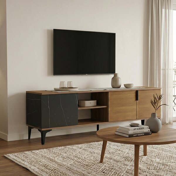 Comoda TV Riba, aspect nuc-marmura neagra, 180 x 34 x 51 cm