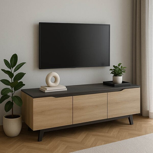 Comoda TV Kasandra, nuanta marmura neagra-sonoma, 180 x 35 x 48.5 cm