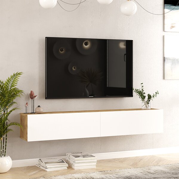 Comoda TV suspendata Delora, culoare alb-stejar, 180 x 31.6 x 29.6 cm