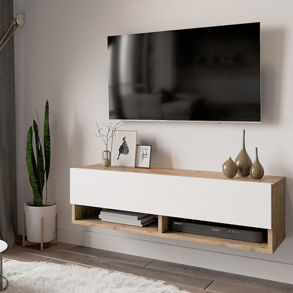 Comoda TV suspendata Rosca, culoare alb-stejar, 100 x 31.5 x 29.5 cm