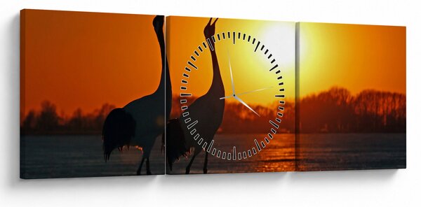 Tablou cu păsări în apus de soare (cu ceas) (90x30 cm)