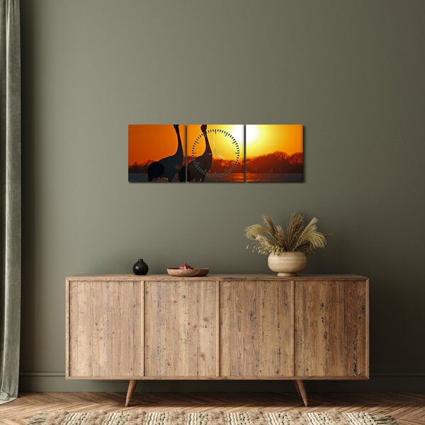 Tablou cu păsări în apus de soare (cu ceas) (90x30 cm)