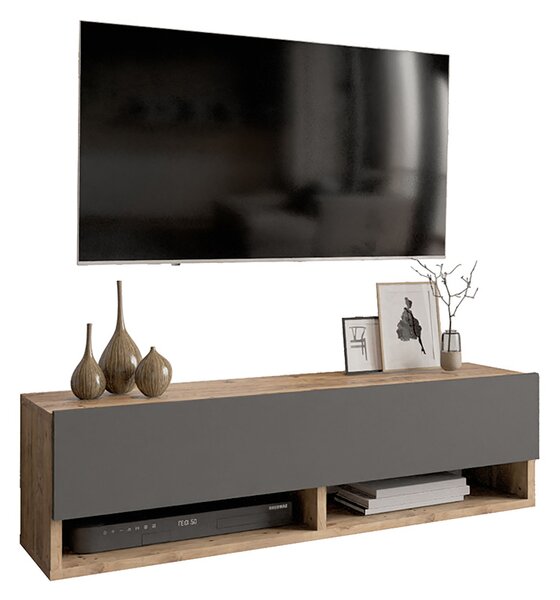 Comoda TV suspendata Rosca, cu raft, culoare antracit-stejar, 100 x 31.5 x 29 cm