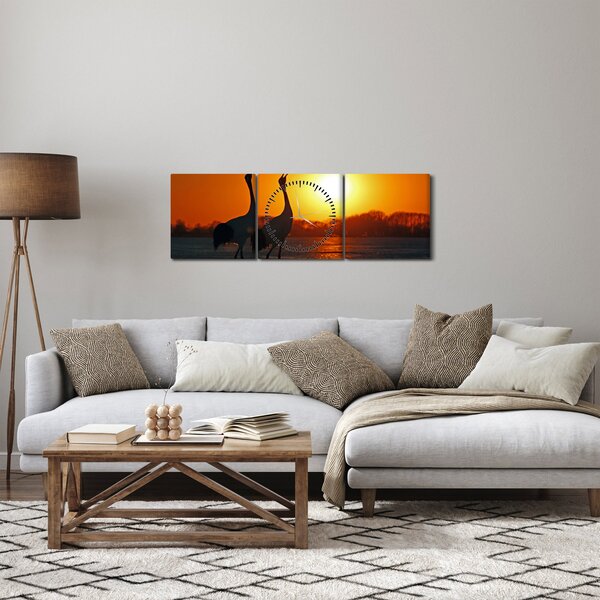 Tablou cu păsări în apus de soare (cu ceas) (90x30 cm)