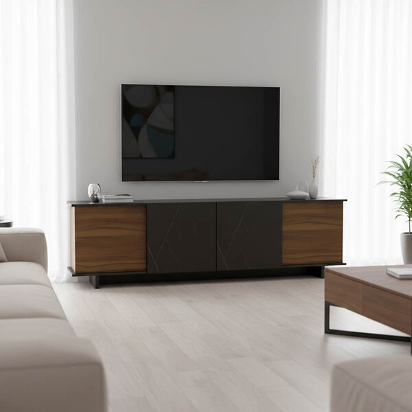Comoda TV Zafira, culoare nuc cu marmura neagra, 180 x 33 x 50 cm