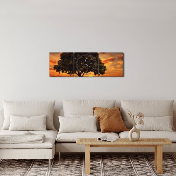 Tablou cu pomi și apus de soare (cu ceas) (90x30 cm)