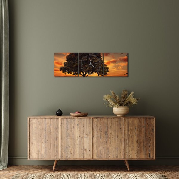 Tablou cu pomi și apus de soare (cu ceas) (90x30 cm)