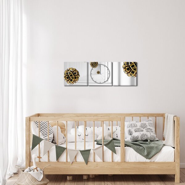 Tablou abstract cu mingi de fotbal (cu ceas) (90x30 cm)