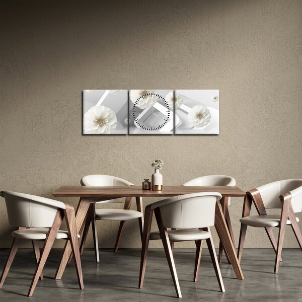 Tablou abstract cu flori albe (cu ceas) (90x30 cm)