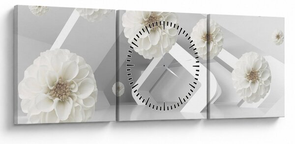 Tablou abstract cu flori albe (cu ceas) (90x30 cm)