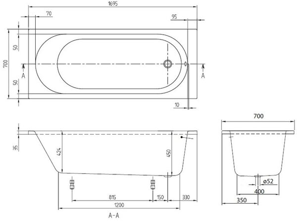 Villeroy & Boch O.Novo cada dreptunghiulară 169.5x70 cm alb UBA177CAS2V-01