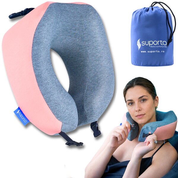 Perna de calatorie Suporto Travel Companion. Perna voiaj din spuma cu memorie, Roz