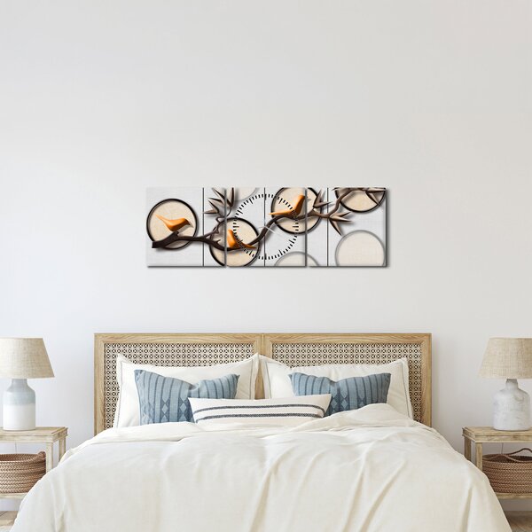 Tablou artistic - Păsărele pe creangă (cu ceas) (90x30 cm)