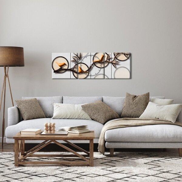 Tablou artistic - Păsărele pe creangă (cu ceas) (90x30 cm)