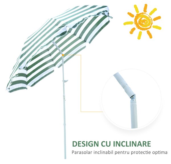 Outsunny Umbrelă de Plajă cu Acoperiș Înclinabil la 45°, Ø1.8x2 m, Verde și Alb | Aosom Romania