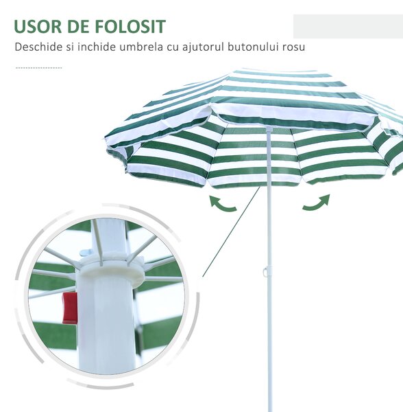 Outsunny Umbrelă de Plajă cu Acoperiș Înclinabil la 45°, Ø1.8x2 m, Verde și Alb | Aosom Romania