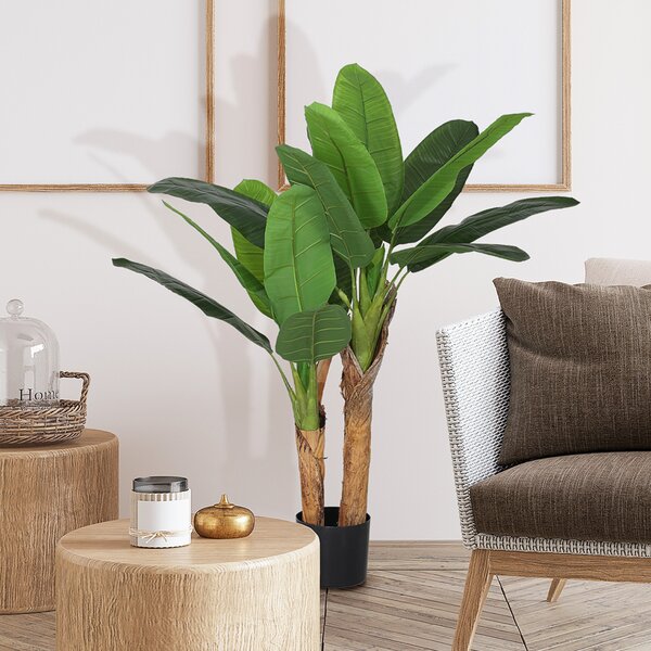 HOMCOM Plantă Artificială de Bananier cu Ghiveci, 2 Trunchiuri și 15 Frunze, Ø17x120 cm, Verde | Aosom Romania