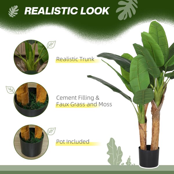 HOMCOM Plantă Artificială de Bananier cu Ghiveci, 2 Trunchiuri și 15 Frunze, Ø17x120 cm, Verde | Aosom Romania