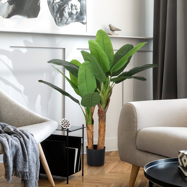 HOMCOM Plantă Artificială de Bananier cu Ghiveci, 2 Trunchiuri și 15 Frunze, Ø17x120 cm, Verde | Aosom Romania