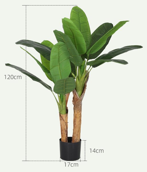 HOMCOM Plantă Artificială de Bananier cu Ghiveci, 2 Trunchiuri și 15 Frunze, Ø17x120 cm, Verde | Aosom Romania