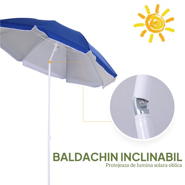 Outsunny Umbrelă de Plajă cu Acoperiș Înclinabil, Geantă de Transport și Design în 3 Secțiuni, Ø1.6x2.05 m, Albastru | Aosom Romania