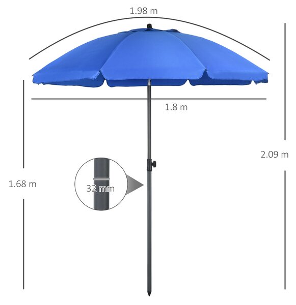 Outsunny Umbrelă de Soare pentru Plajă cu Tetieră care se Înclină la 45° și Design în 2 Secțiuni, Ø180x209 cm, Albastru | Aosom Romania