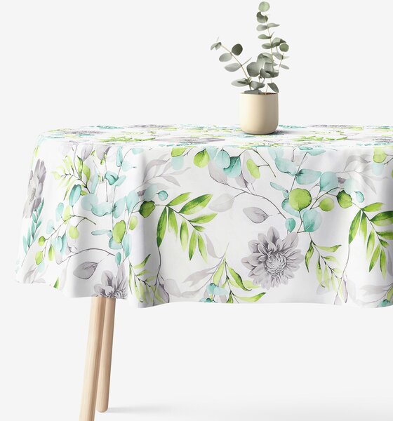 Goldea față de masă 100% bumbac deluxe - eucalipt cu flori - ovală 140 x 220 cm