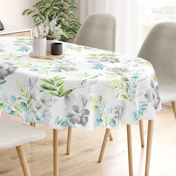 Goldea față de masă 100% bumbac deluxe - eucalipt cu flori - ovală 140 x 220 cm