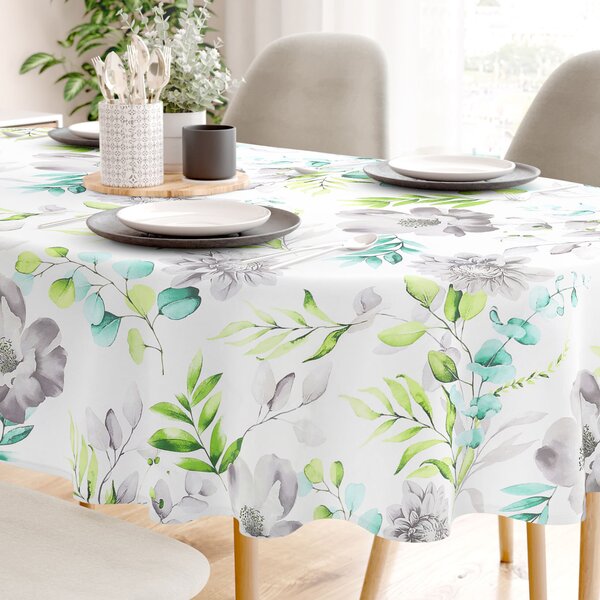 Goldea față de masă 100% bumbac deluxe - eucalipt cu flori - ovală 140 x 220 cm