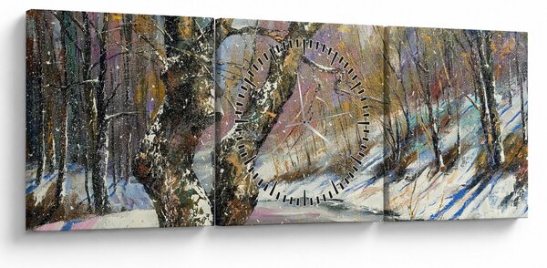 Tablou cu peisaj de iarnă pictat (cu ceas) (90x30 cm)