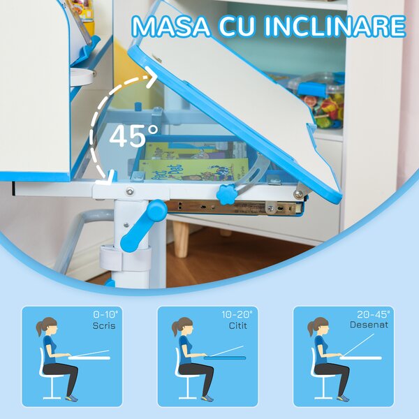 HOMCOM Birou Copii de 6-12 Ani Reglabile pe Înălțime și Blat Înclinabil 45°, 80x54,5x82-104 cm, Albastru | Aosom Romania